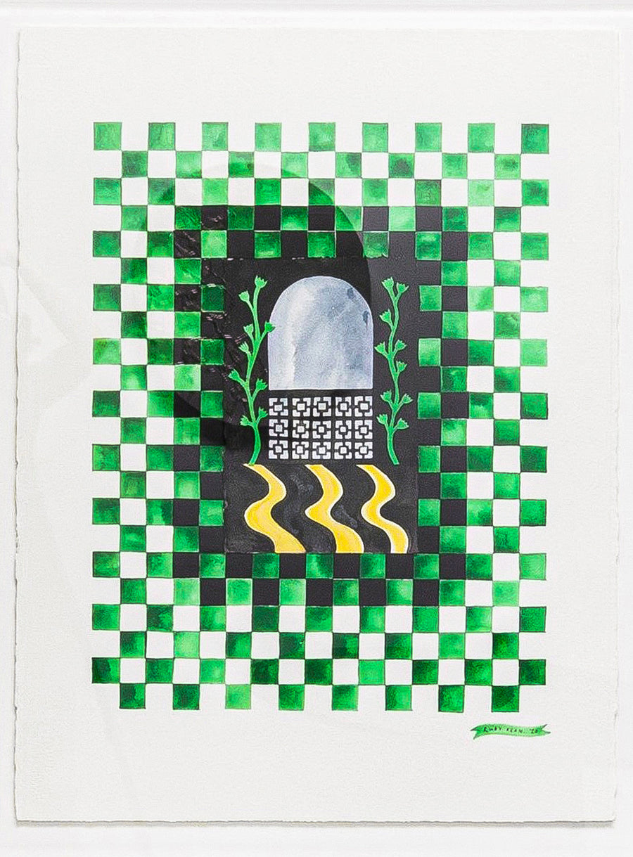 Unique checkered mixed media collage drawing by English artist and designer Ruby Kean. Represented by fine art gallery Tuleste Factory in New York City. 