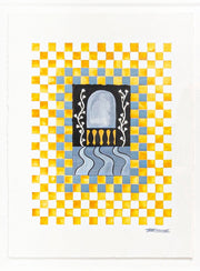 Unique checkered mixed media collage drawing by English artist and designer Ruby Kean. Represented by fine art gallery Tuleste Factory in New York City. 