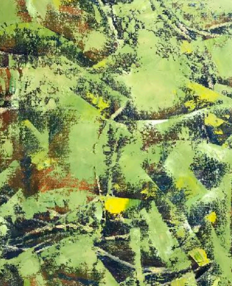 Close - Up details of Green, Yellow, and Brown Abstract Painting by Korean-American Artist Sang Eui Kim. Represented by Tuleste Factory in New York City. 