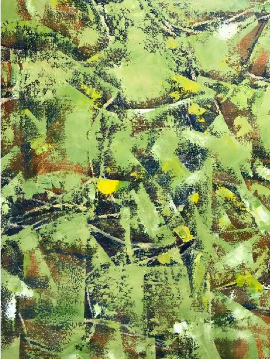 Green, Yellow, and Brown Abstract Painting by Korean-American Artist Sang Eui Kim. Represented by Tuleste Factory in New York City. 