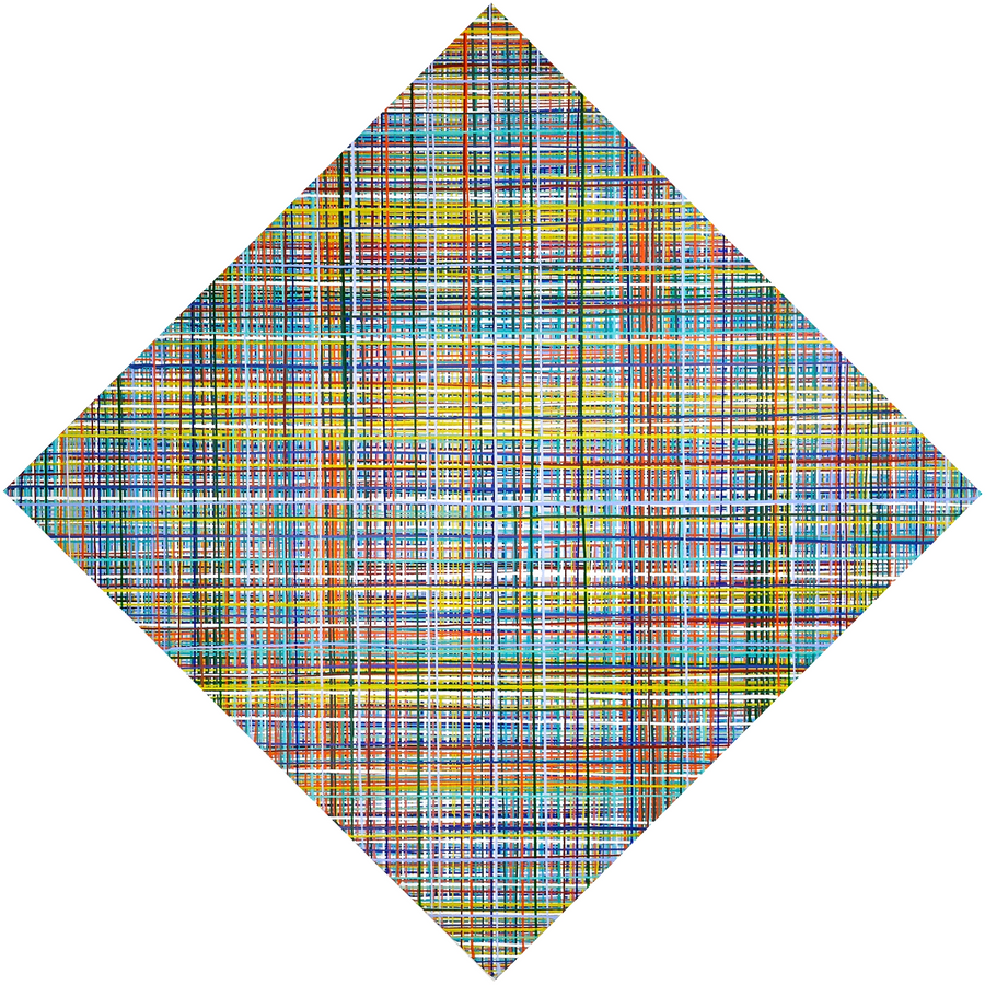 Multicolor abstract drip painting in plaid pattern by artist Jon James. Represented by Tuleste Factory. 