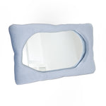 Bespoke mirror design in slate blue by Brandi Howe. This mirror feature a plush velvet exterior, upholstered on top the wooden structure. Reprsented by Tuleste Factory, an art & design gallery in Chelsea, New York City.