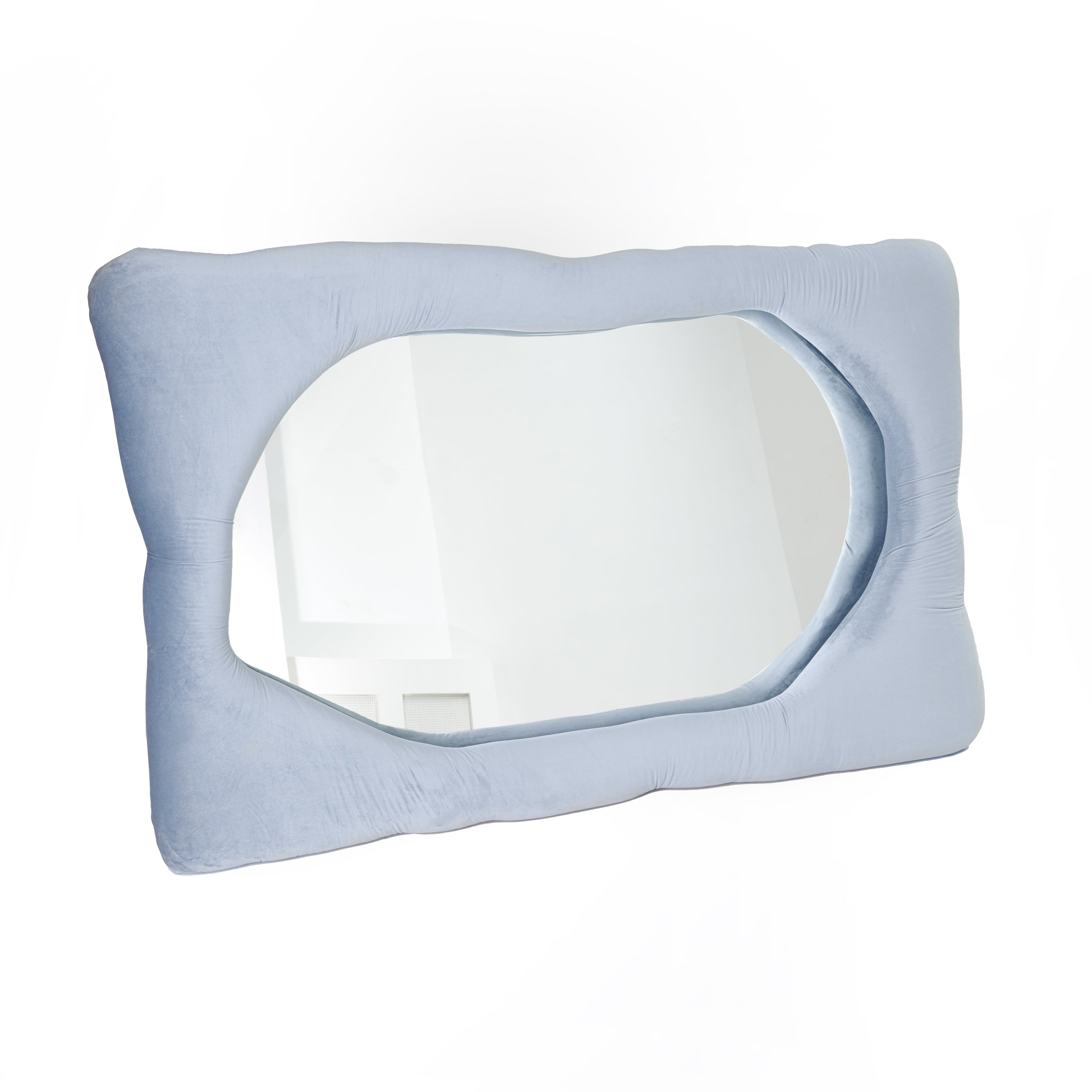 Bespoke mirror design in slate blue by Brandi Howe. This mirror feature a plush velvet exterior, upholstered on top the wooden structure. Reprsented by Tuleste Factory, an art & design gallery in Chelsea, New York City.