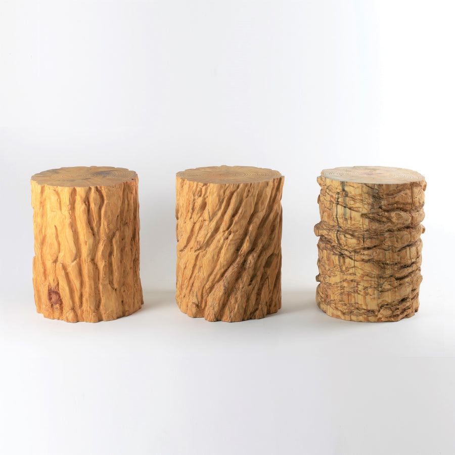 Organic pine stool by design and fabrication studio Timbur. Represented by fine art and design gallery Tuleste Factory in New York City.