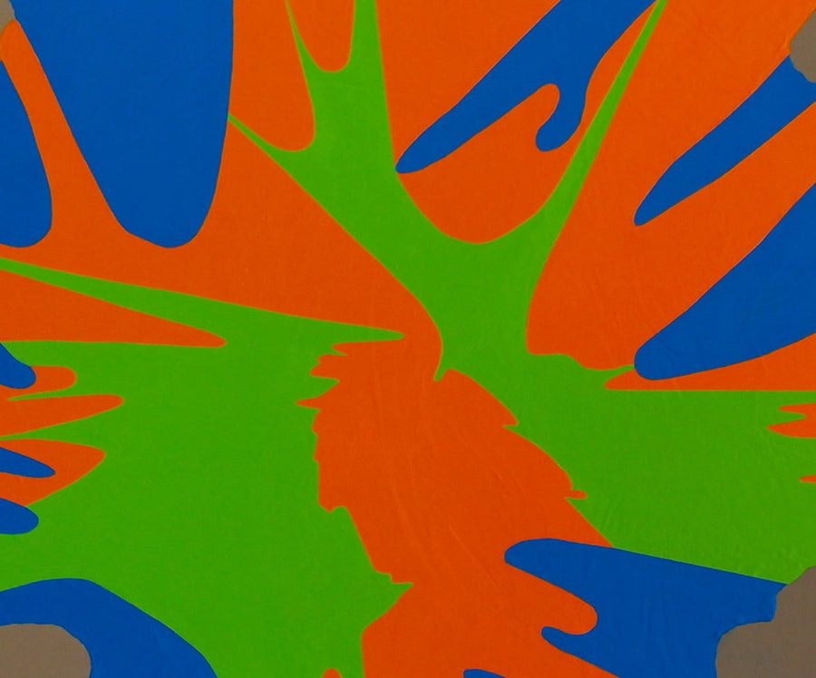 Acrylic abstract splatter painting by Toney Devoney in brown, blue, green and orange. Represented by Tuleste Factory in New York City.