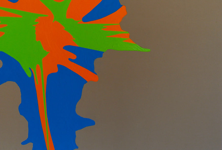 Acrylic abstract splatter painting by Toney Devoney in brown, blue, green and orange. Represented by Tuleste Factory in New York City.
