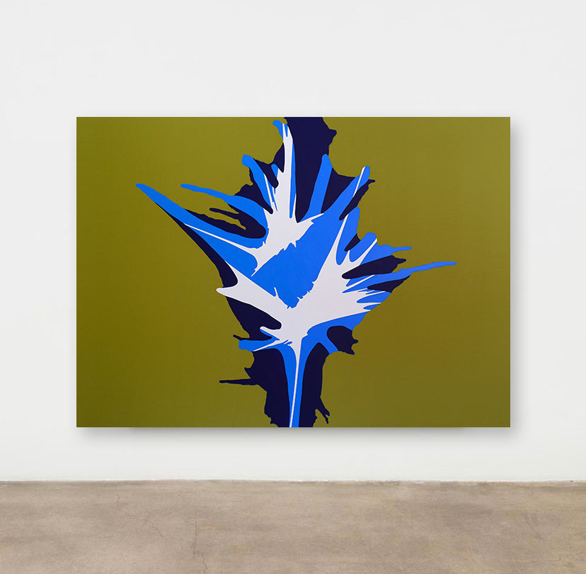 Olive green and blue abstract splatter painting by artist Tony Devoney Represented by Tuleste Factory in New York City.