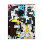 Black and pink and blue and yellow textured abstract painting by artist Joseph Conrad-Ferm. Represented by Tuleste Factory in New York City.