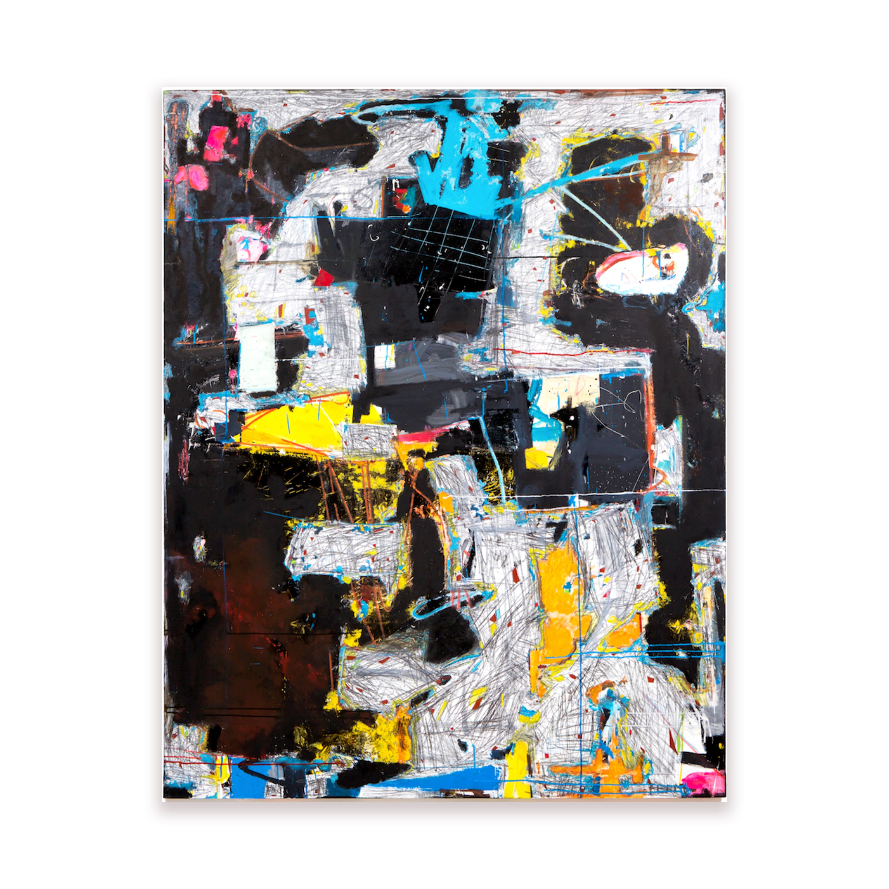 Black and pink and blue and yellow textured abstract painting by artist Joseph Conrad-Ferm. Represented by Tuleste Factory in New York City.