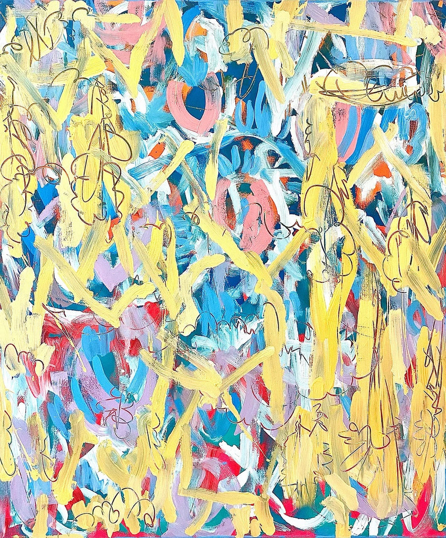 Vibrant Yellow blue and red abstract painting by artist Casey Haugh represented by Tuleste Factory in New York City
