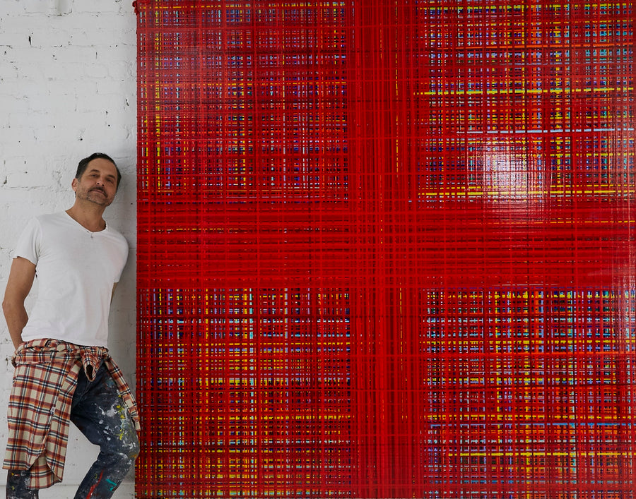 Red multi-colored abstract drip painting by artist Jon James. Represented by Tuleste Factory in New York City.
