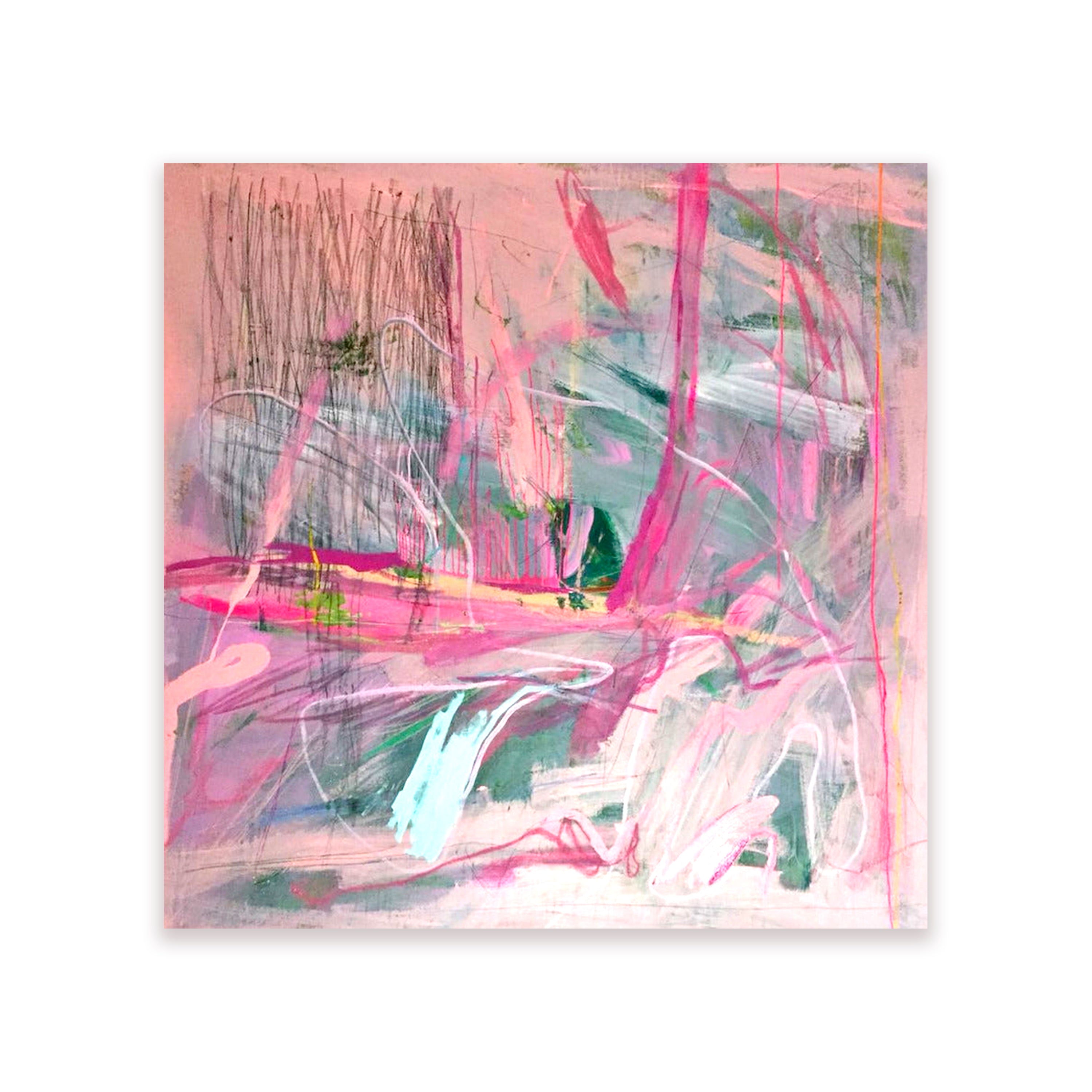 Pink and light blue gesturally abstract painting by Joseph Conrad-Ferm. Represented by Tuleste Factory in New York City.
