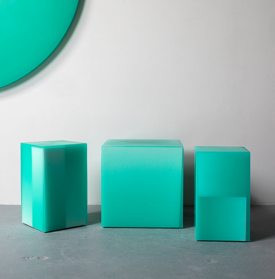 Resin funiture design, side table and stool by Facture Studio. Represented by Tuleste Factory in New York City.