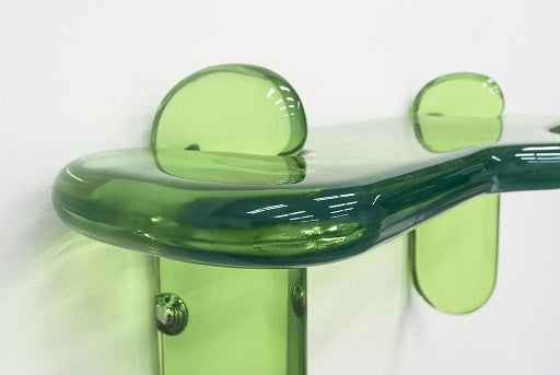 Close up detail of unique contemporary transparent resin shelving console by artist Ian Alistair Cochran. Available through collectible design gallery Tuleste Factory in Chelsea, NYC.
