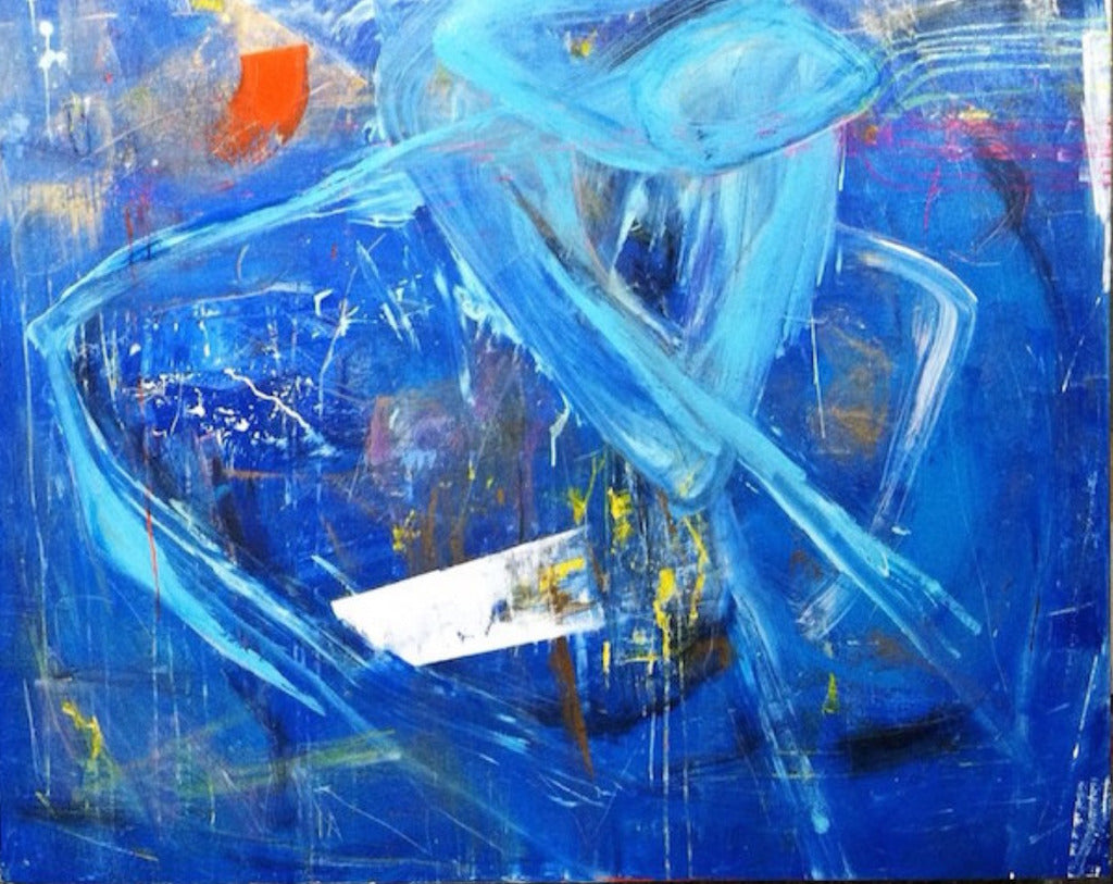 Deep blue gesturally abstract painting by artist Joseph Conrad-Ferm. Represented by Tuleste Factory in New York City.