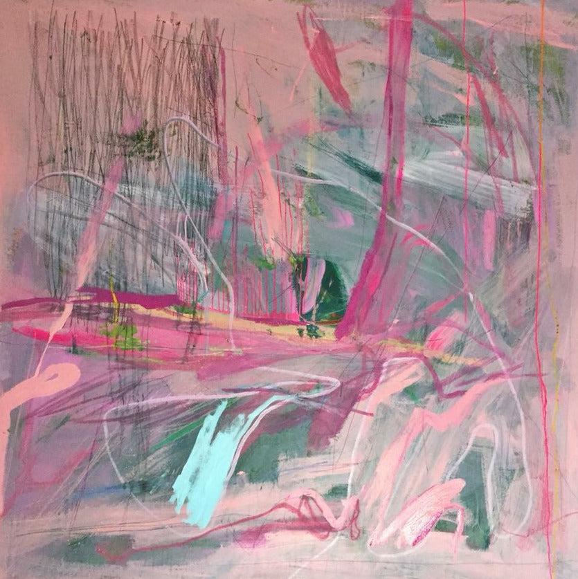 Pink and light blue gesturally abstract painting by Joseph Conrad-Ferm. Represented by Tuleste Factory in New York City.