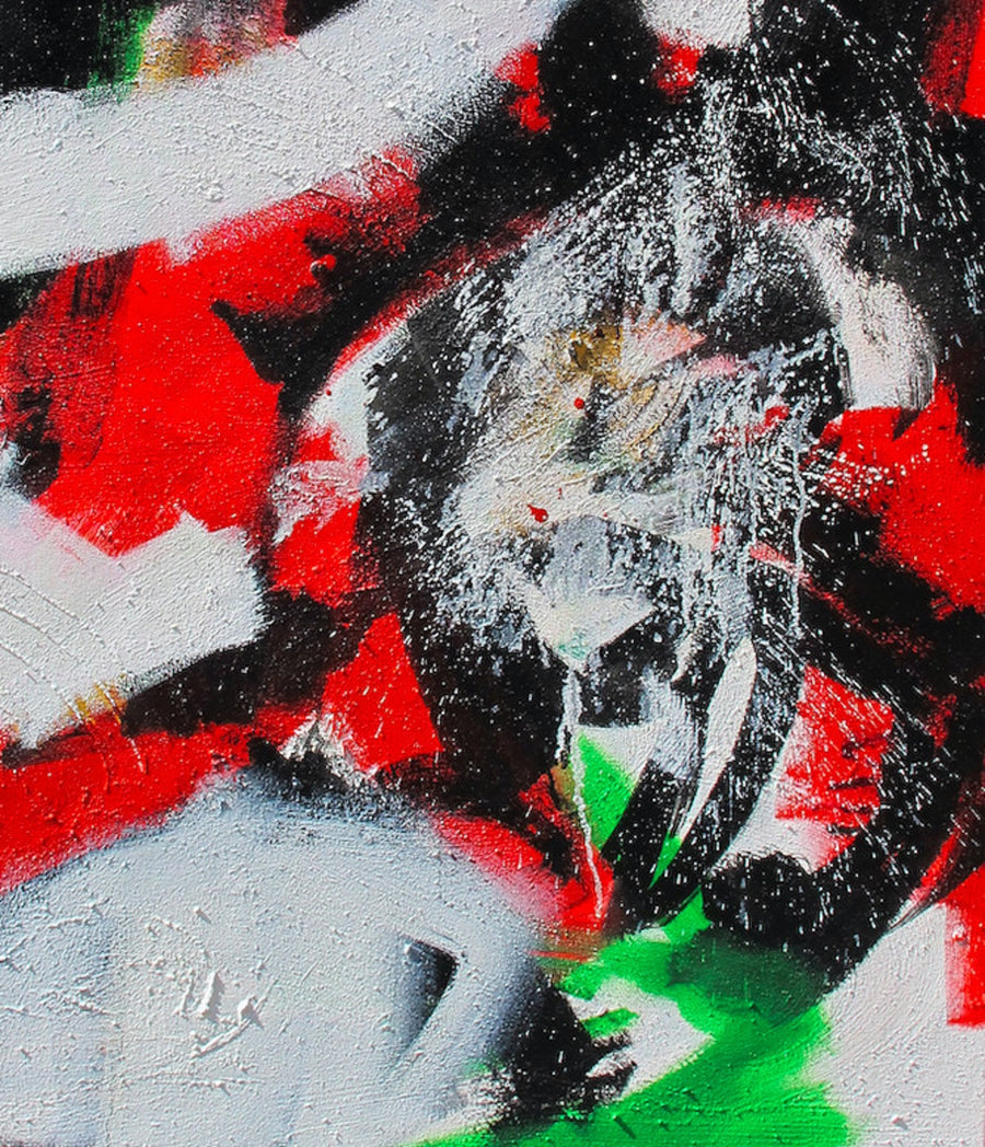 Close up detail of gritty abstract painting in red, white, green, and yellow by Danish artist Henrik Sandner. Represented by fine art gallery Tuleste Factory in NYC.