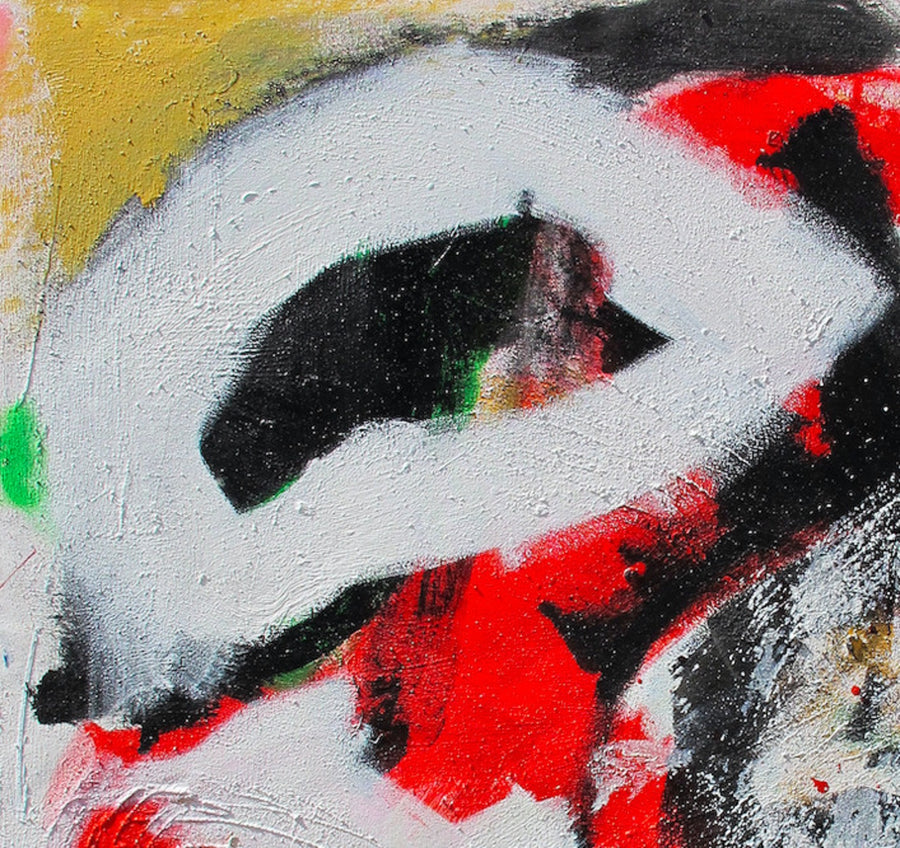 Close up detail shot of gritty abstract painting in red, white, green, and yellow by Danish artist Henrik Sandner. Represented by fine art gallery Tuleste Factory in NYC.