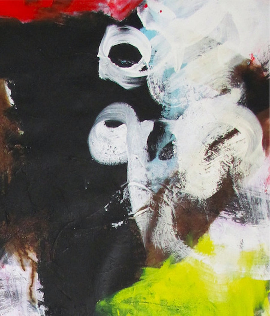 Close up details of unique graphically abstract painting in primary colors by Danish artist Henrik Sandner. Represented by fine art gallery Tuleste Factory in New York City. 