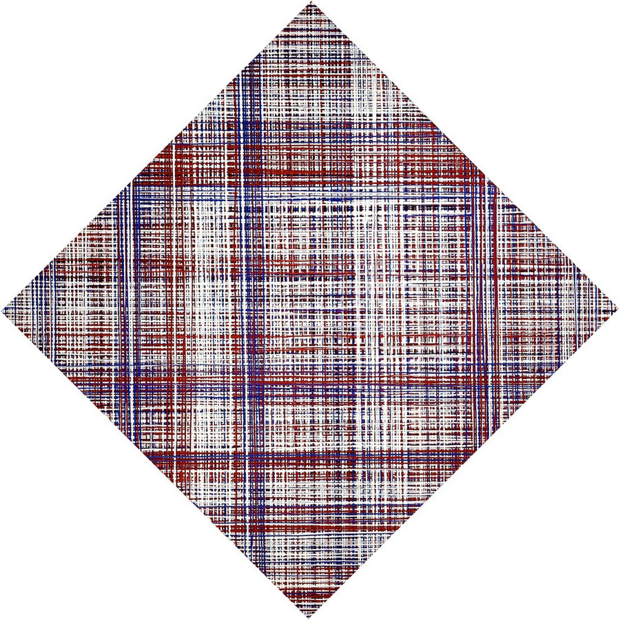 Red, white, and blue abstract drip painting in plaid pattern. Represented by Tuleste Factory in New York City.