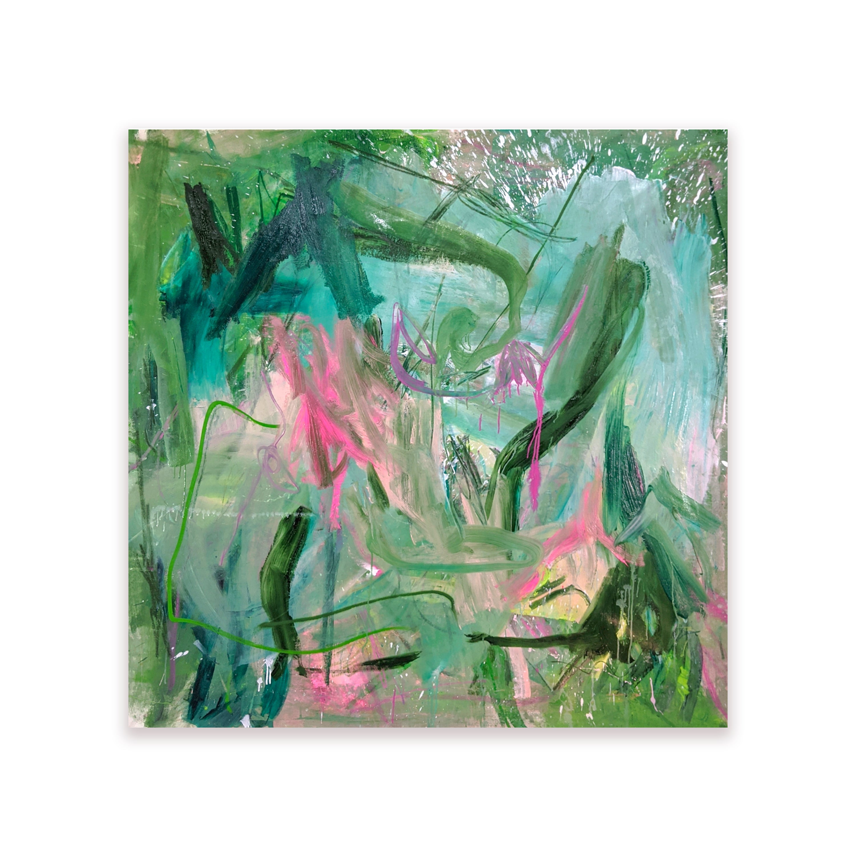 Mint, green, teal, and Pink gesturally abstract painting by Connecticut artist Joseph Conrad-Ferm. Represented by art gallery Tuleste Factory in New York City.