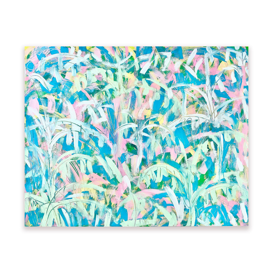 Blue, pastel green, and pink abstract acrylic painting by artist Casey Haugh represented by Tuleste Factory in New York City  Edit alt text