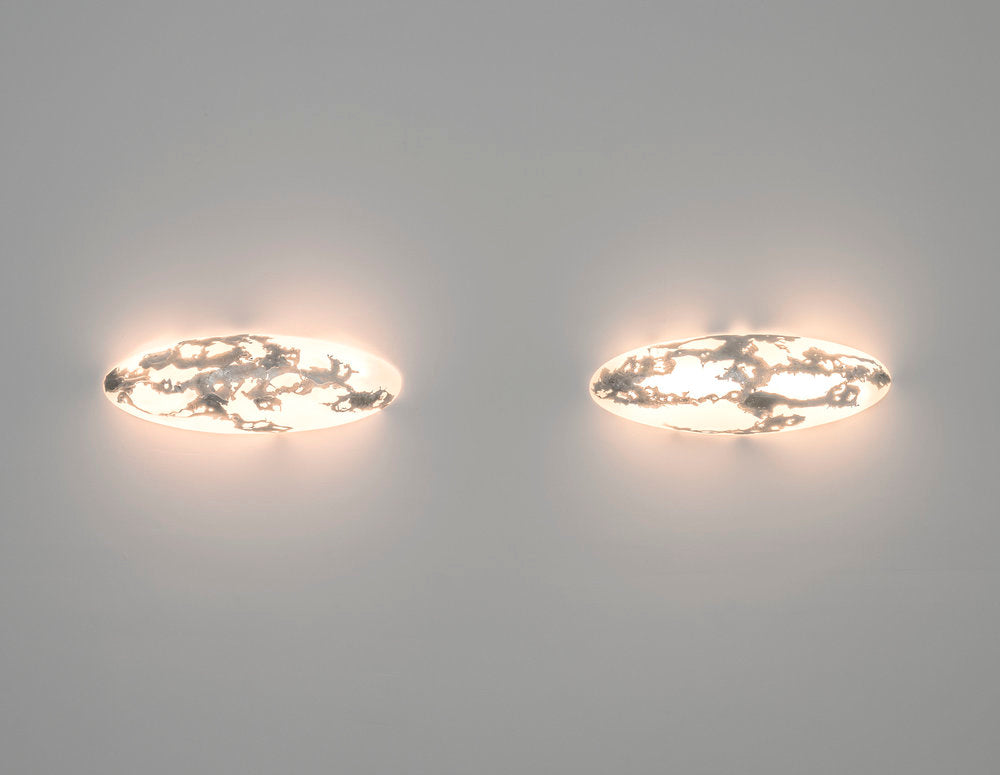 Two pearl sconces by Amanda Richards Studio mounted horizontally. Represented by collectible design gallery Tuleste Factory in New York City.