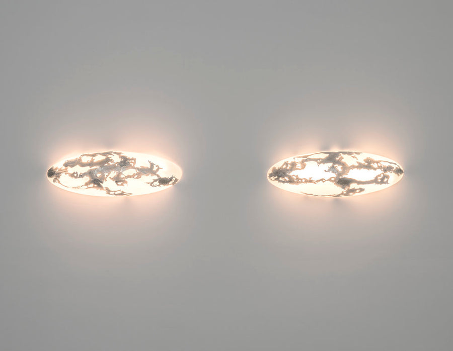 Two pearl sconces by Amanda Richards Studio mounted horizontally. Represented by collectible design gallery Tuleste Factory in New York City.