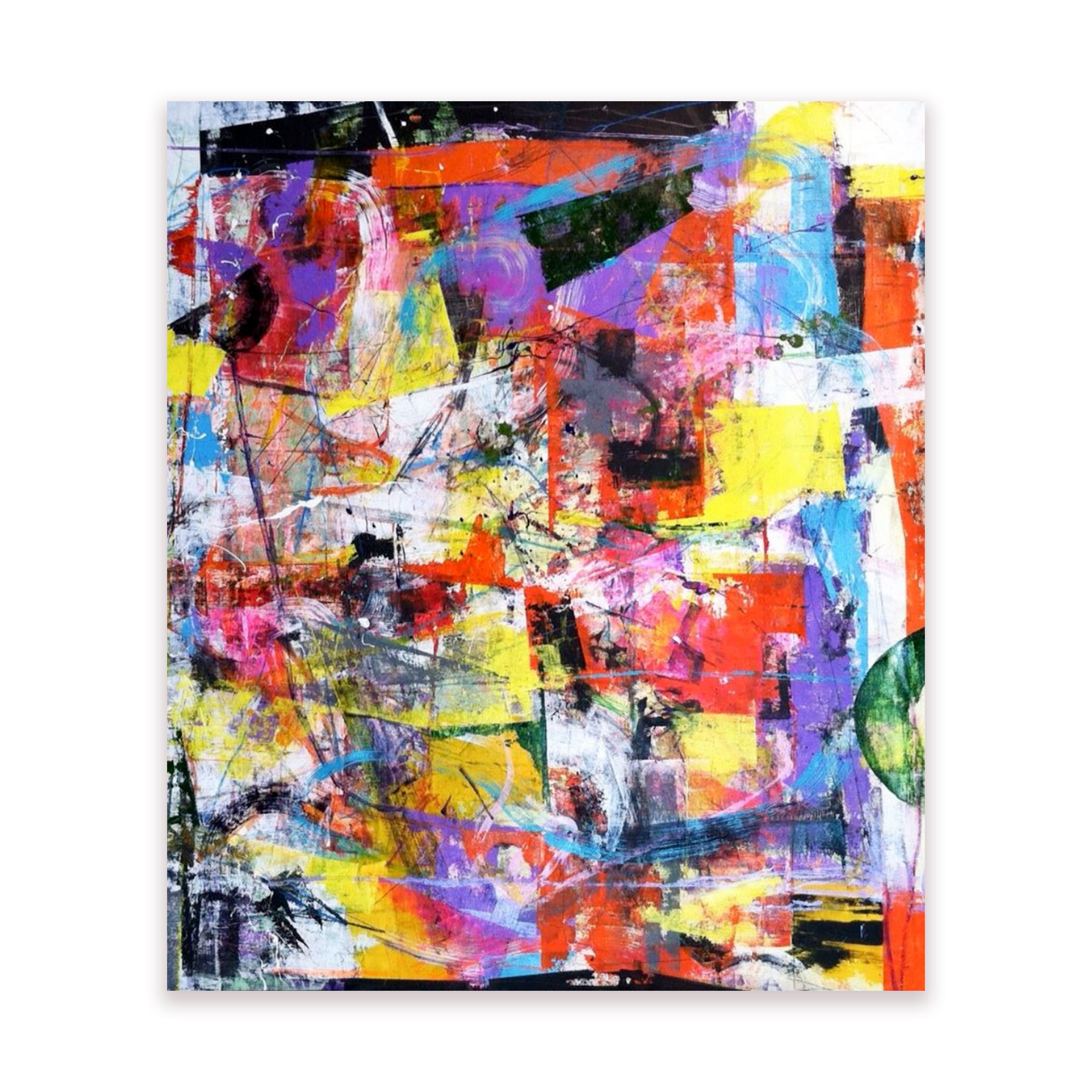 Purple, yellow, red, black, and white abstract painting by Joseph Conrad-Ferm. Represented by Tuleste Factory in New York City.