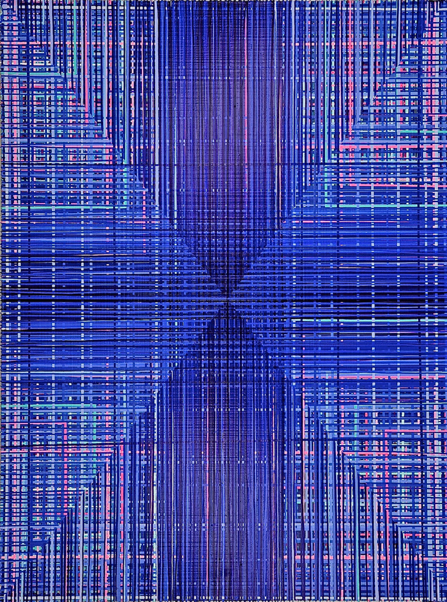 Deep blue and pink drip abstract painting by artist Jon James, represented by Tuleste Factory.