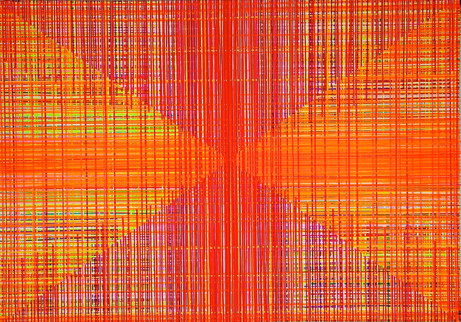 Orange and yellow abstract drip painting by New York Artist Jon James. Represented by art gallery Tuleste Factory in Chelsea, NYC.
