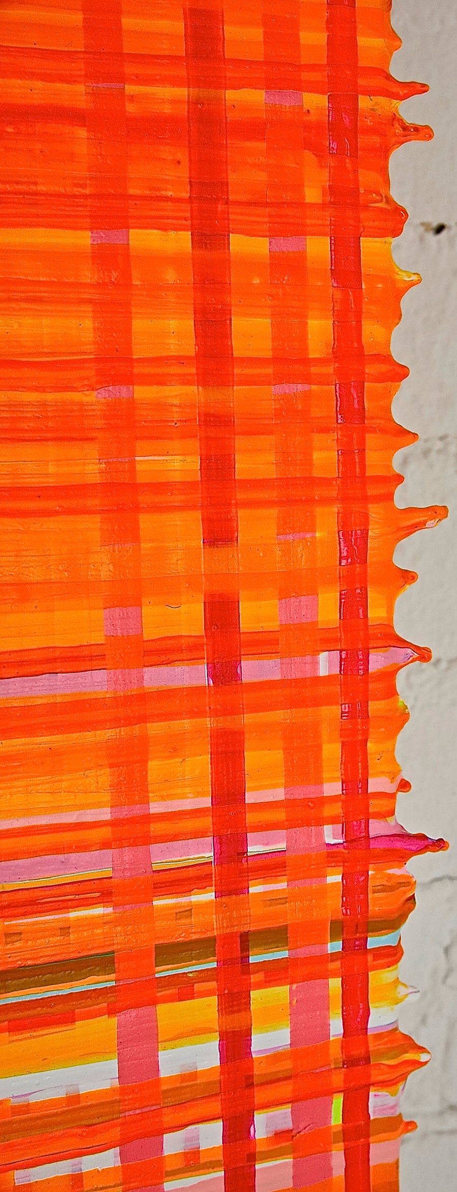 Close up detail shot of orange and yellow abstract drip painting by New York Artist Jon James. Represented by art gallery Tuleste Factory in Chelsea, NYC.