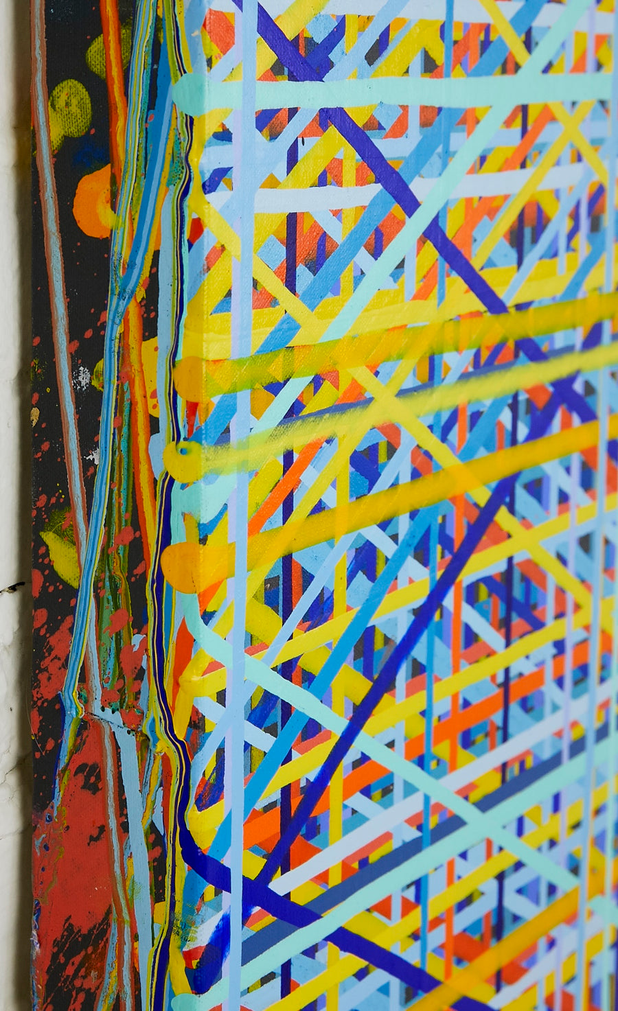 Detail shot of colorful drip painting by abstract artist Jon James. represented by Tuleste Factory in New York City.